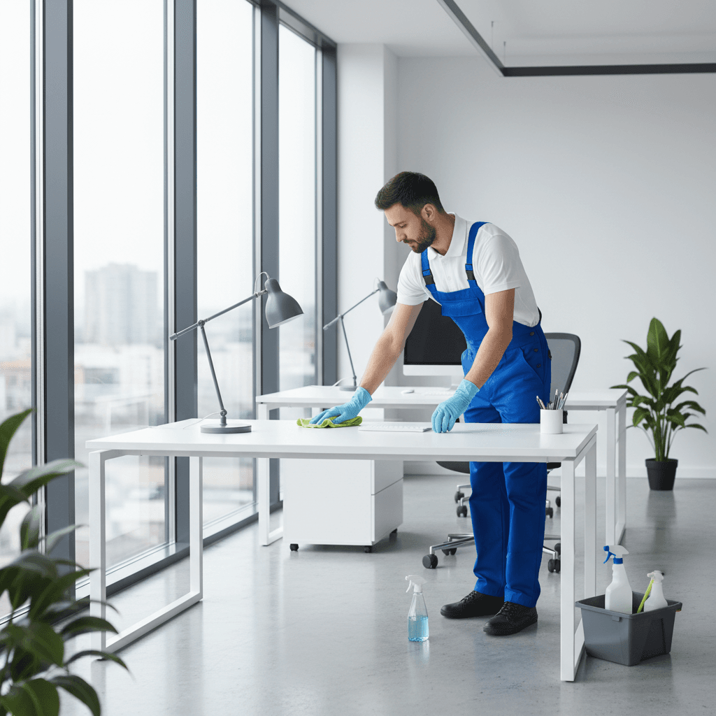 Cleaning professional wiping down an office desk in a bright modern workspace