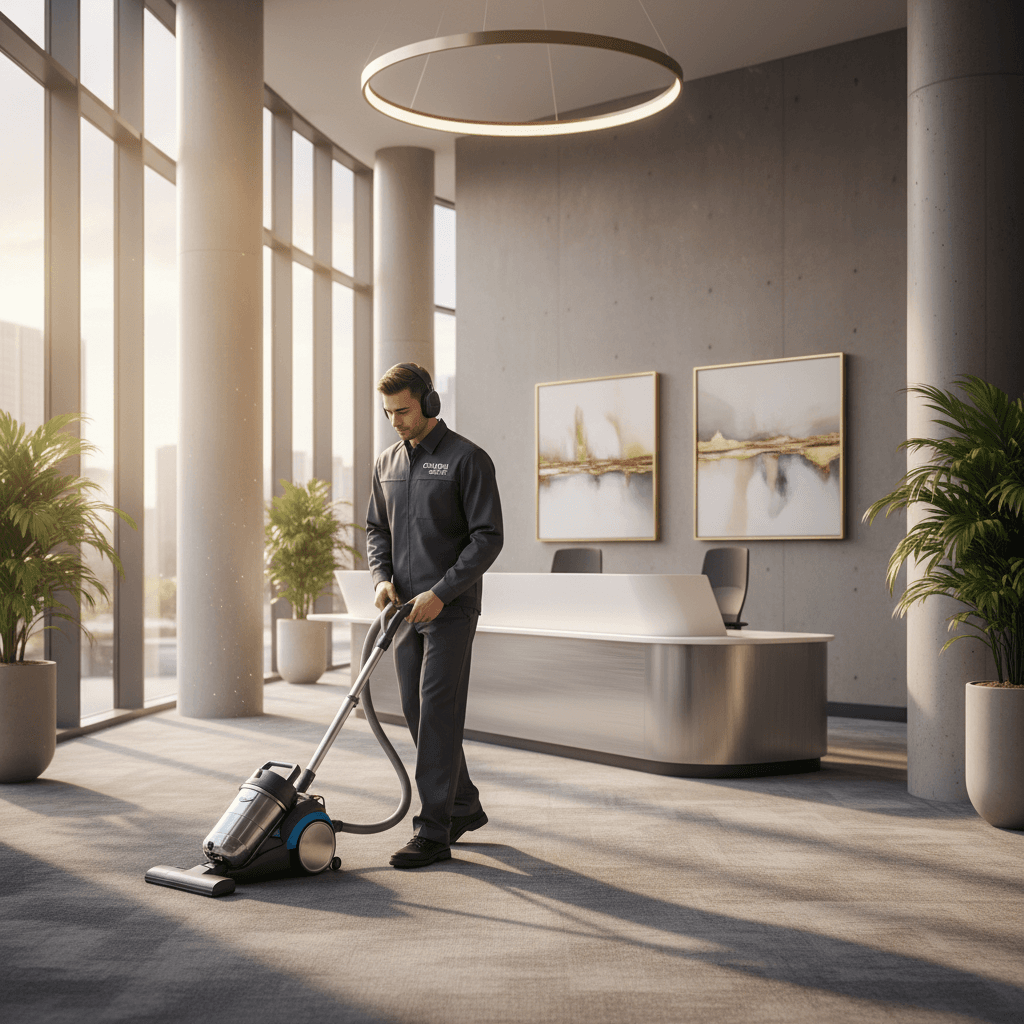 Person vacuuming the carpet in a modern office lobby with warm natural light
