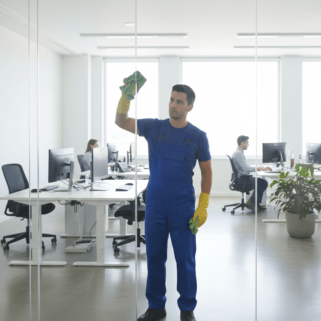 Professional cleaning person wiping a glass partition in a contemporary office