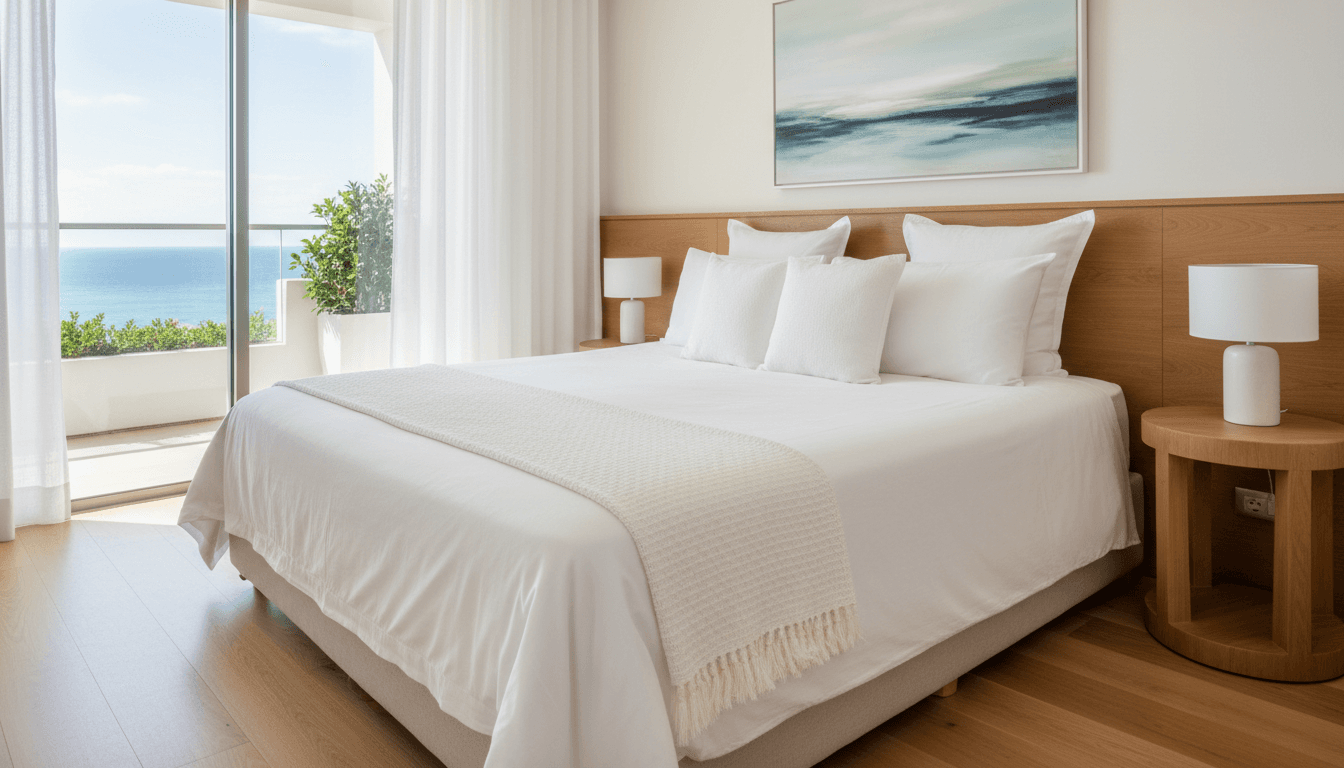 Freshly made bed with white linens in a bright vacation rental bedroom