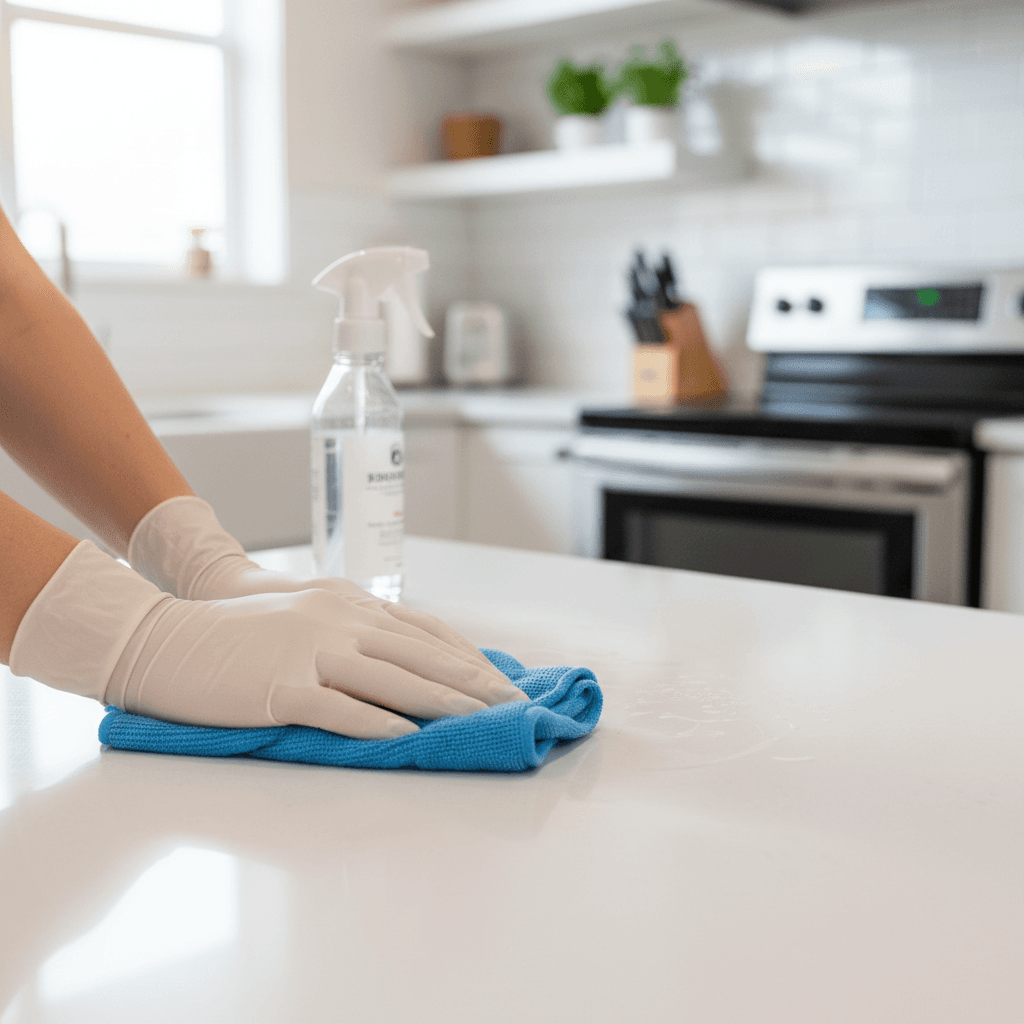gloved hands wiping a kitchen counter with a microfiber cloth