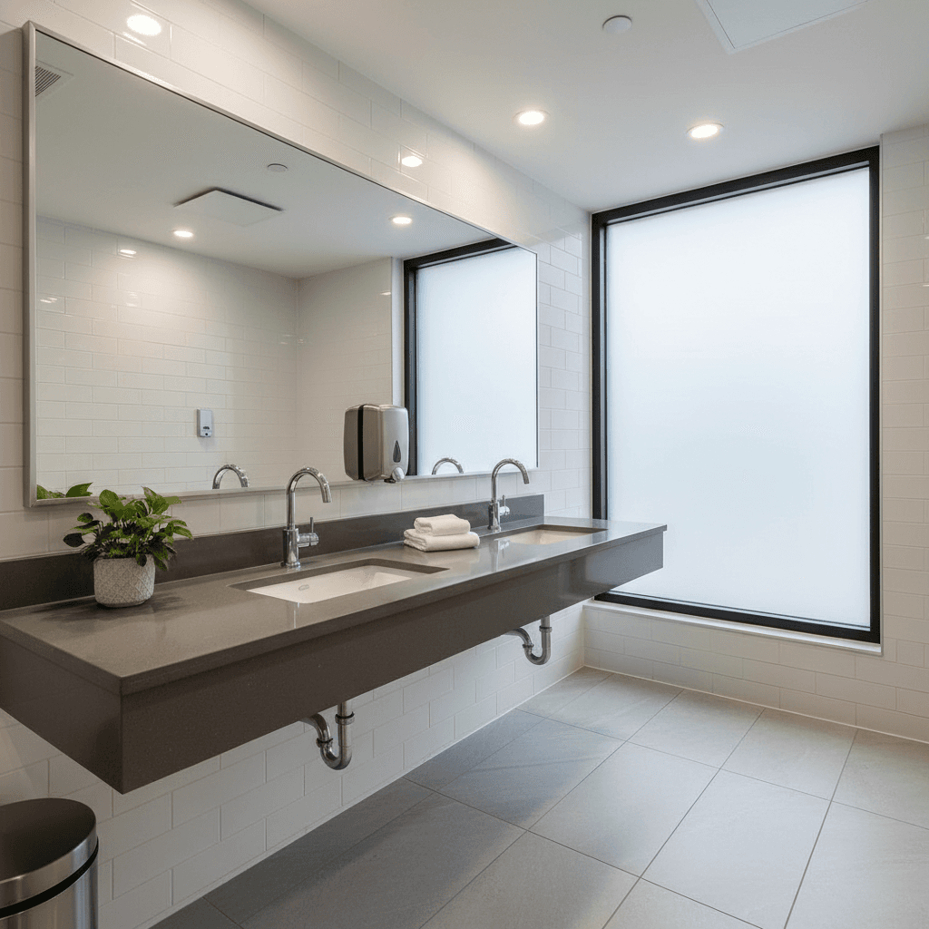 Clean restroom with polished sink and mirror in a professional office building