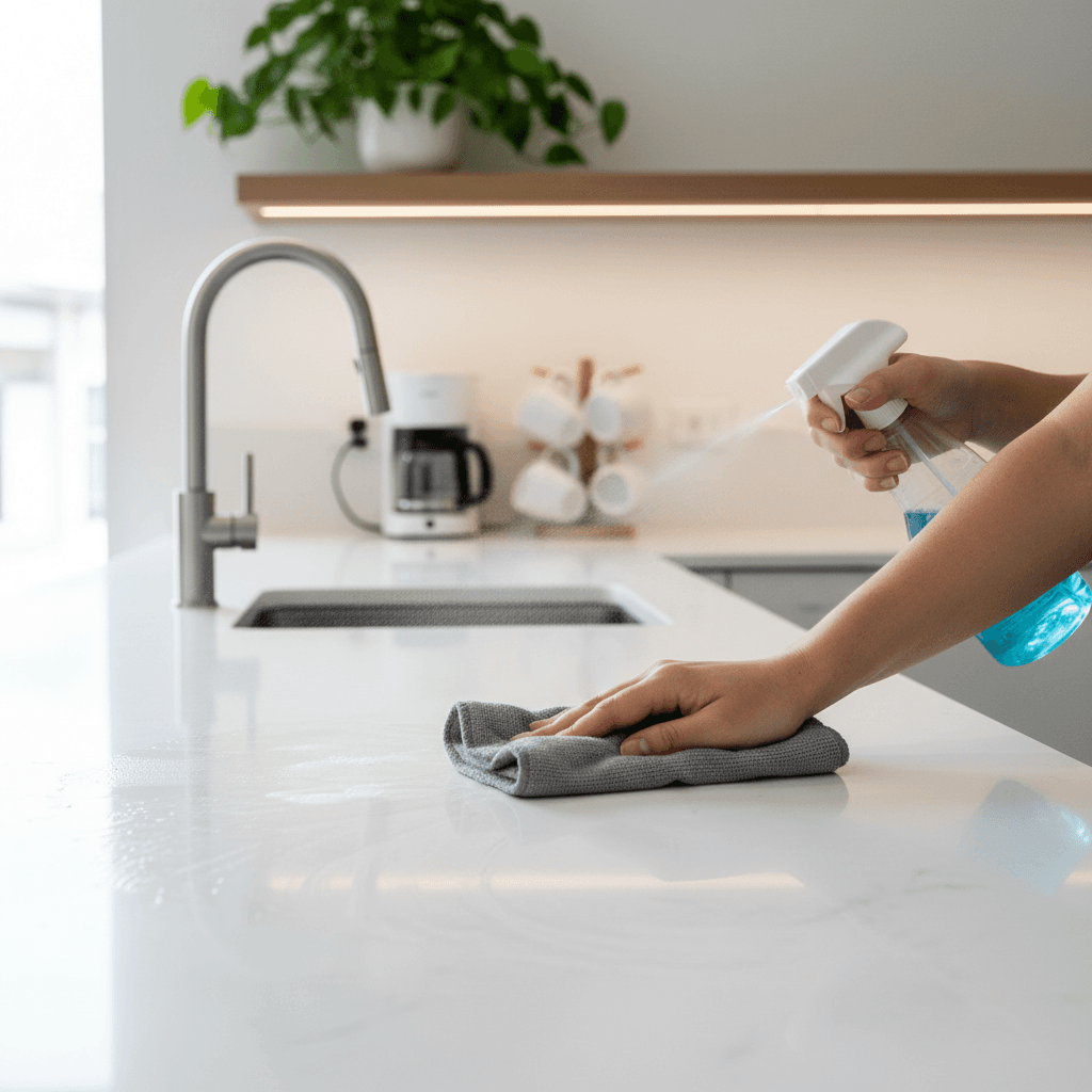 Clean modern office kitchen counter being wiped with spray and cloth