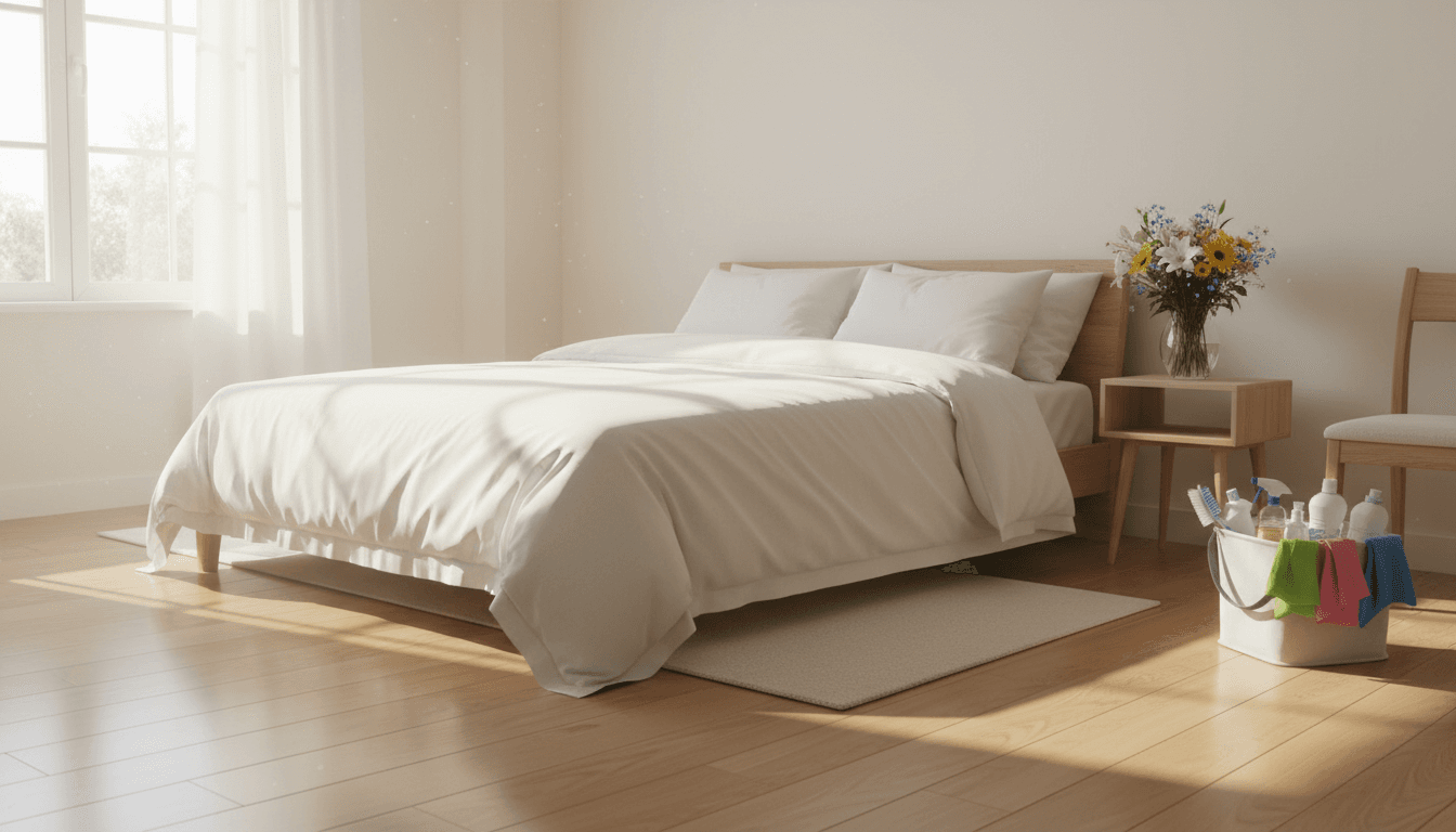 Bright, freshly cleaned living space with sunlight and neutral tones