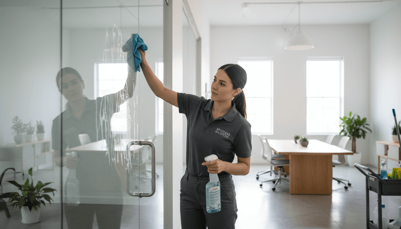 Professional cleaner wiping a glass door in a modern boutique office