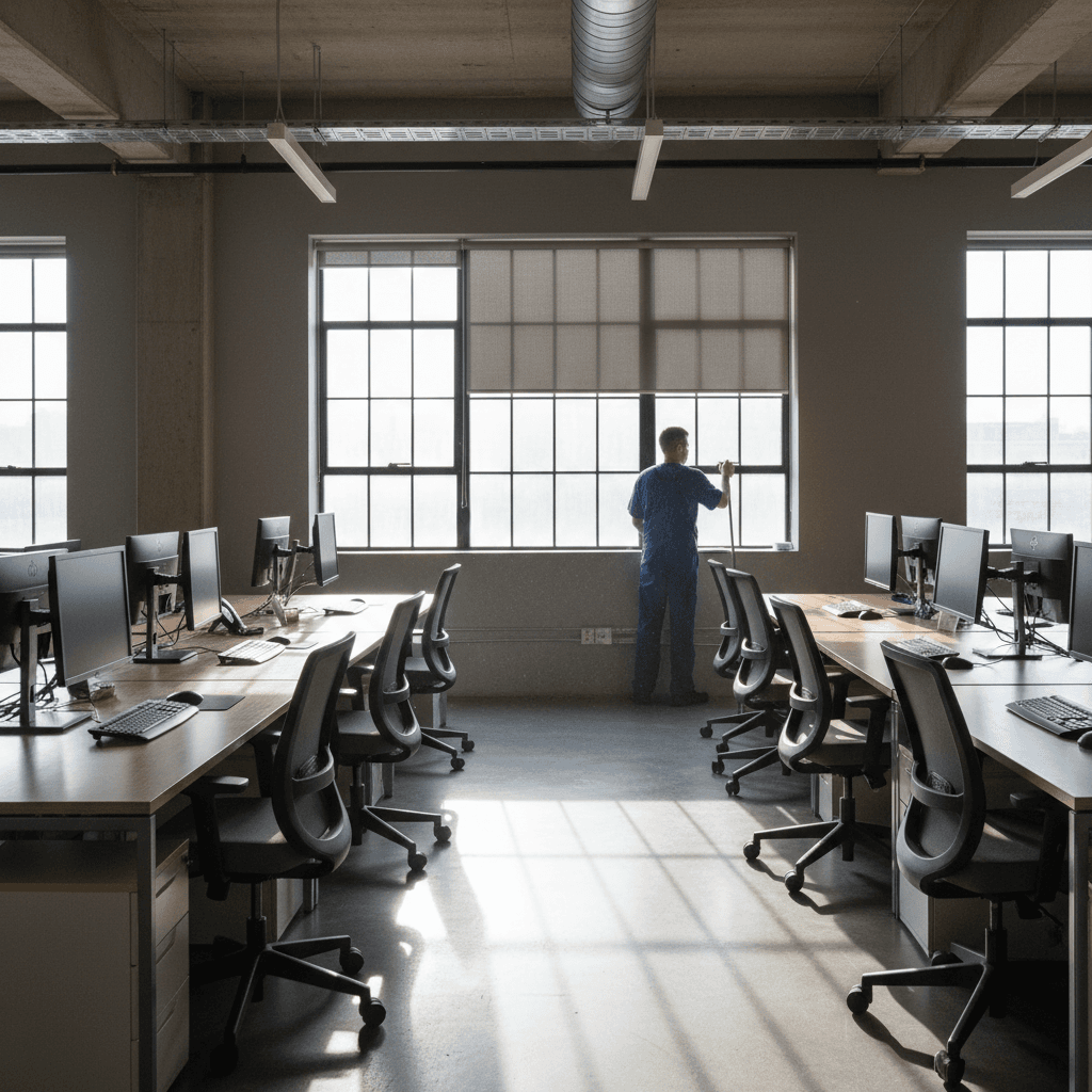 clean and organized office with desks and chairs in place