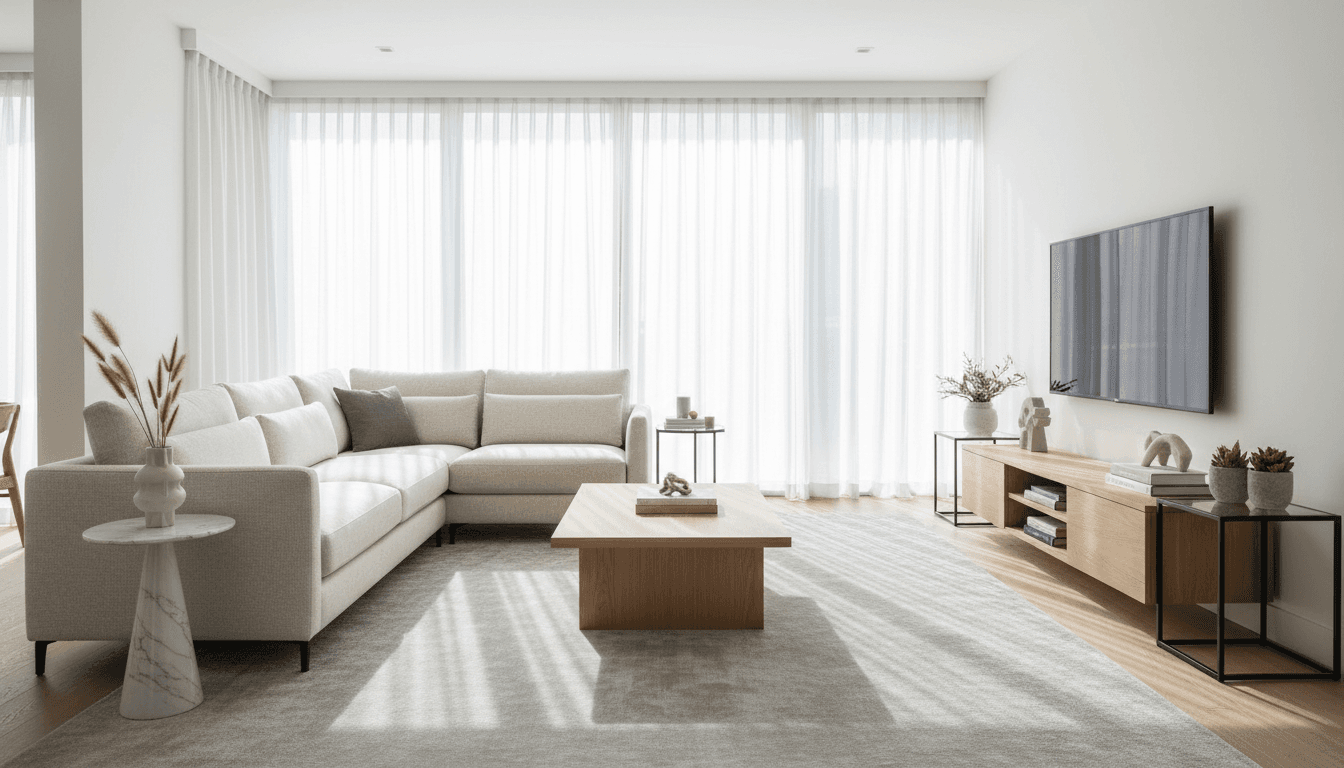 Bright contemporary living room with neutral sectional sofa, wooden coffee table, mounted television, and natural window lighting