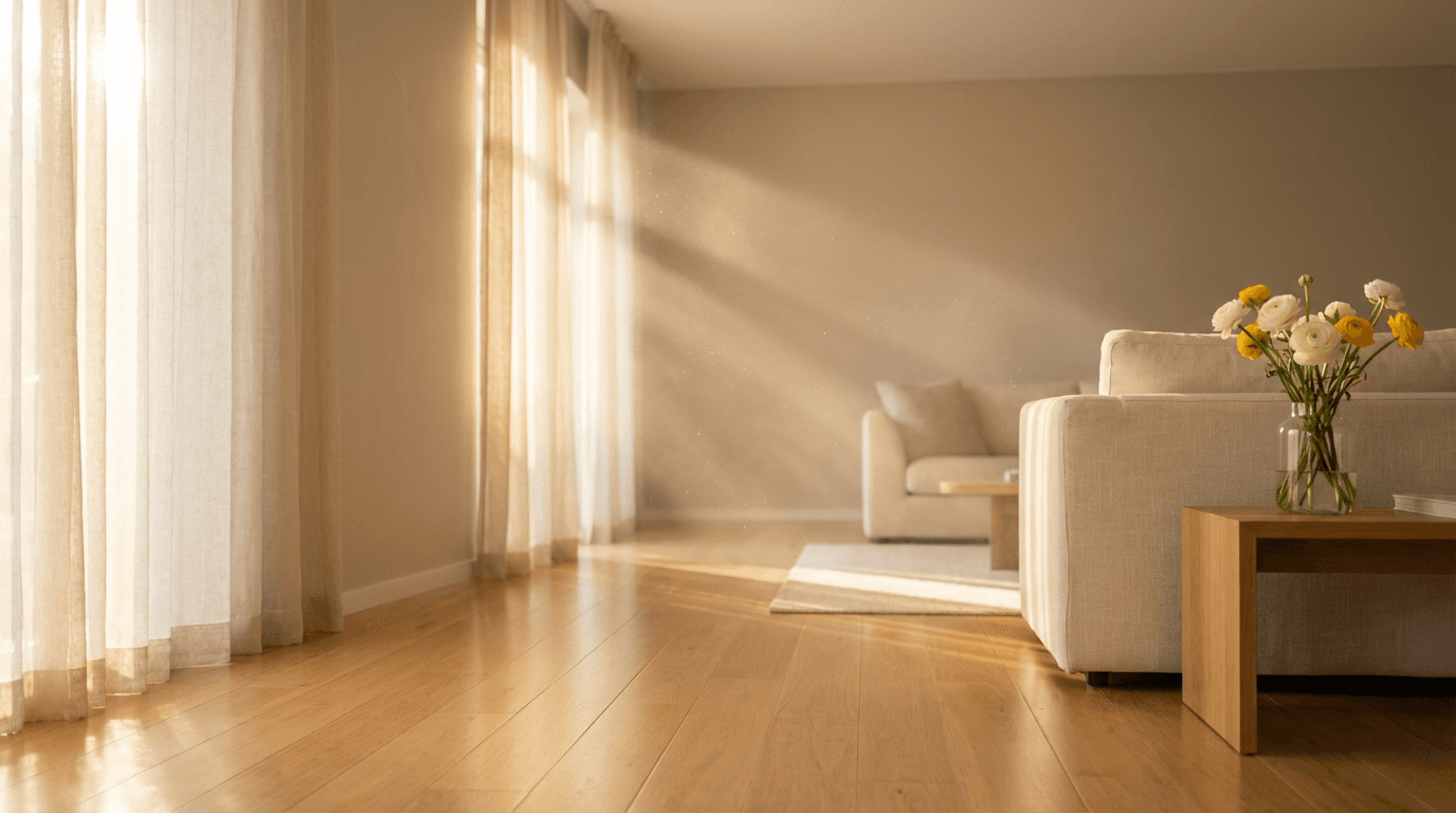 Sunlit living room with golden light rays, gleaming hardwood floor, and minimal furnishings creating serene atmosphere.