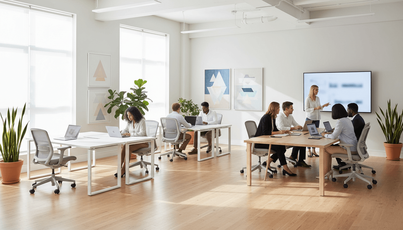 Cleaner wiping a glass partition in a bright office