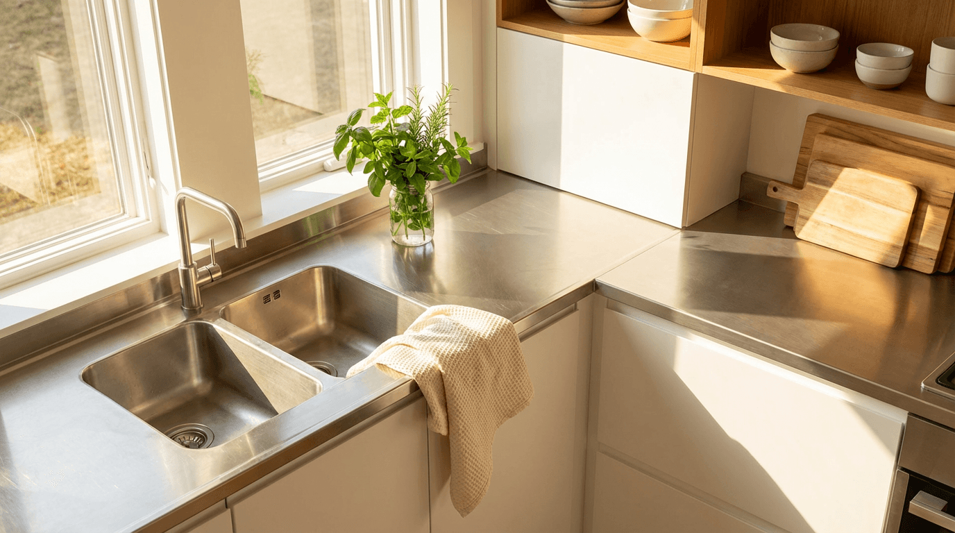 Bright sunlit kitchen with clean counters and a fresh, tidy look