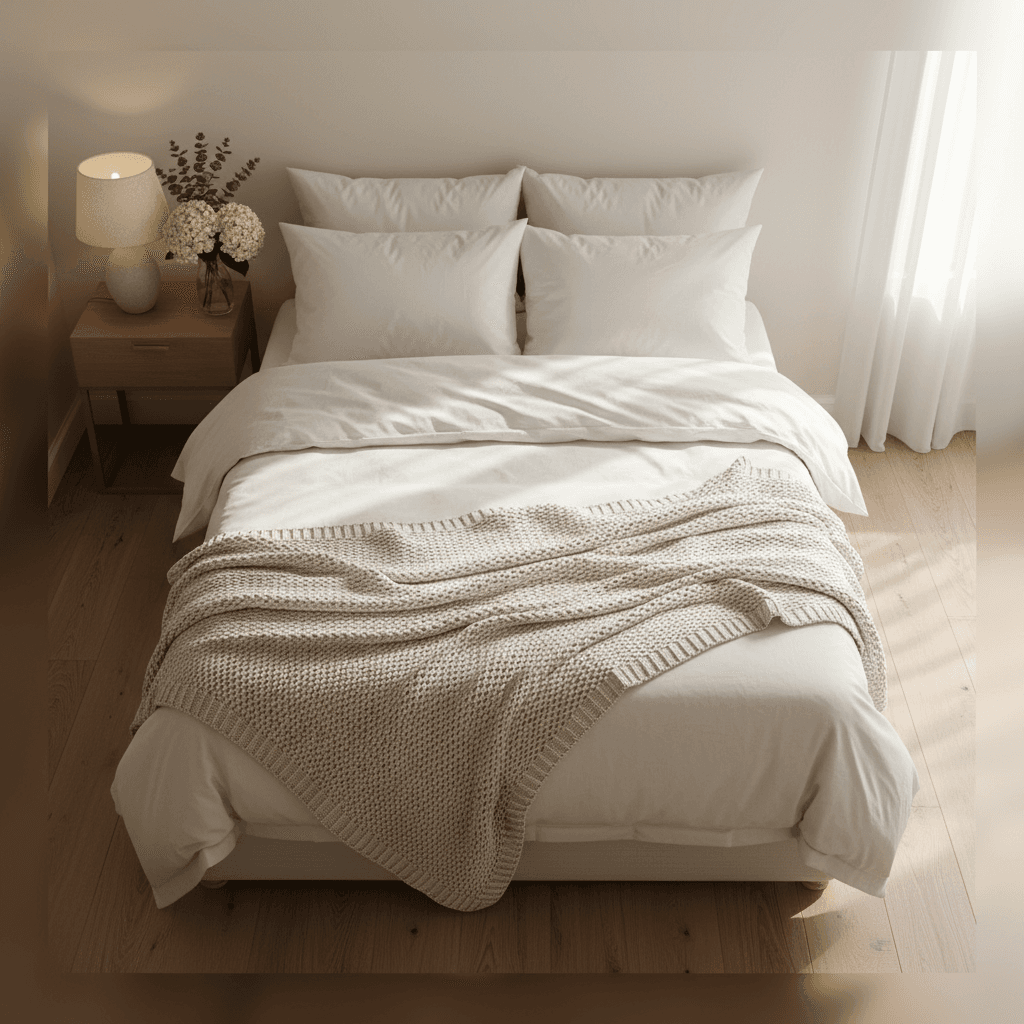 Cozy vacation rental bedroom with crisp bedding and welcome basket