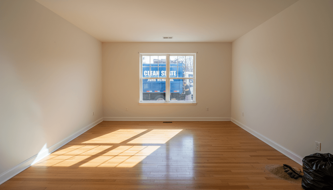 Empty residential room with clean floors and clear walls after complete junk removal transformation