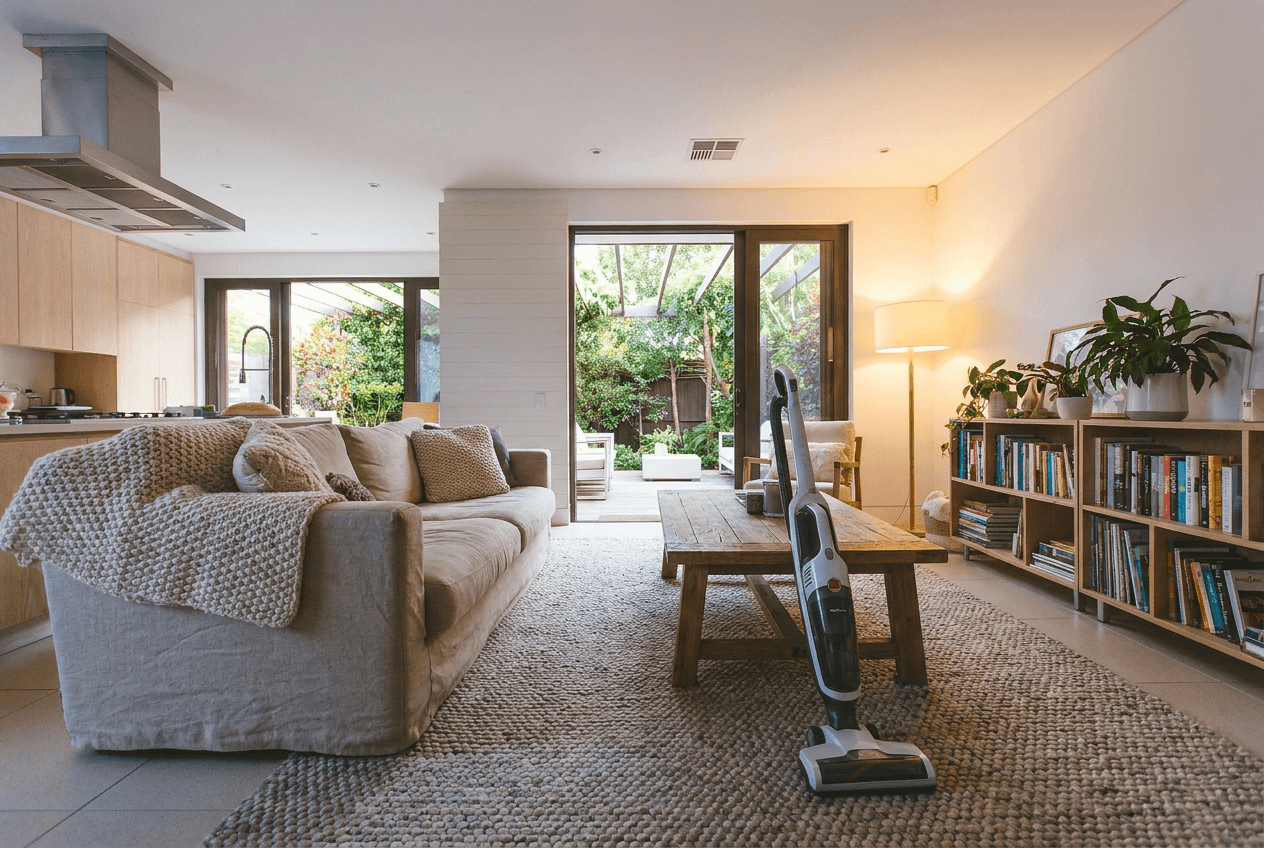 A cozy, modern living room featuring a comfortable sofa, woven rug, bookshelves, and a white stick vacuum cleaner leaning against a wooden coffee table.