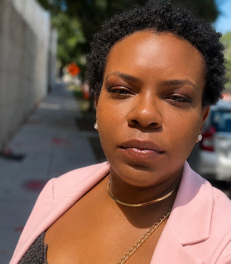 A Black woman with short curly hair wearing a pink blazer and gold jewelry.
